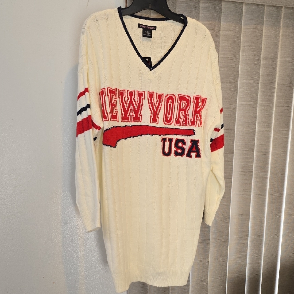 Cream V-Neck Sweater with Red New York USA Design